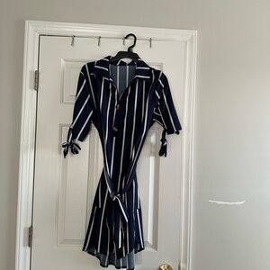 Navy and White Striped Shirt Dress with Tie Waist